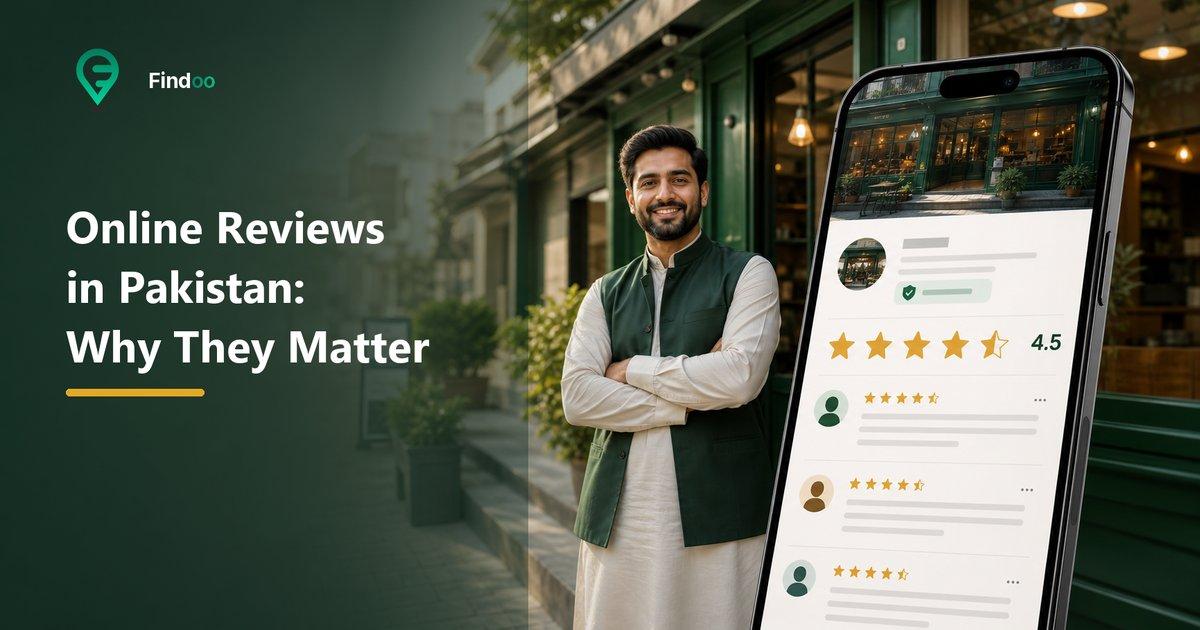Pakistani business owner beside an online listing displaying customer reviews and a 4.5-star rating