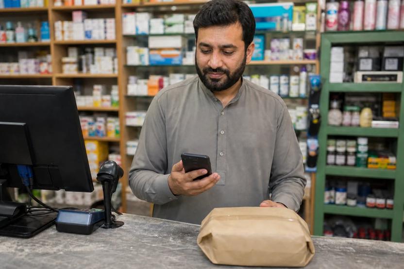 A business owner confirming a mobile payment in his account before releasing an order