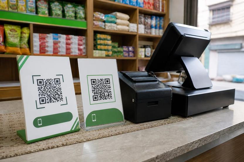 Contemporary Pakistani shop counter displaying merchant QR-payment options beside a till